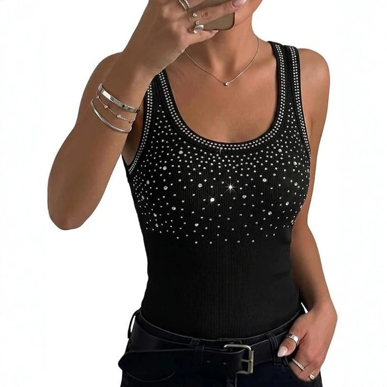 2026 Women's Rhinestone Tank Top Slim Fit Ribbed Shirt Sleeveless U-Neck Shiny Decoration Soft Stretch Versatile 2026 Women's Rhinestone Tank Top Slim Fit Ribbed Shirt Sleeveless U-Neck Shiny Decoration Soft Stretch Versatile