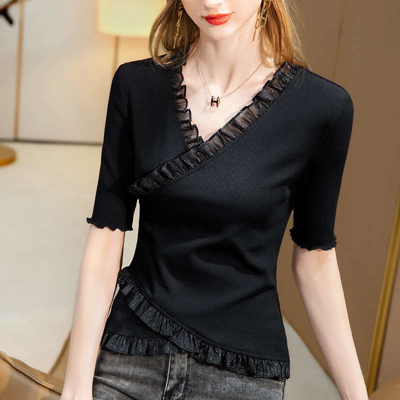 Camiseta de manga media modal para mujer 2022 nueva ropa de mujer estilo occidental hoja de loto encaje con cuello en V cintura ajustada camisa pequeña diseño superior image 4