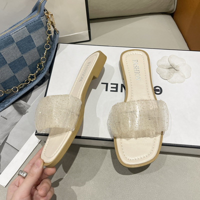 网红仙女风网纱透明一字拖鞋女外穿2022新款夏季平底方头沙滩凉拖|ms