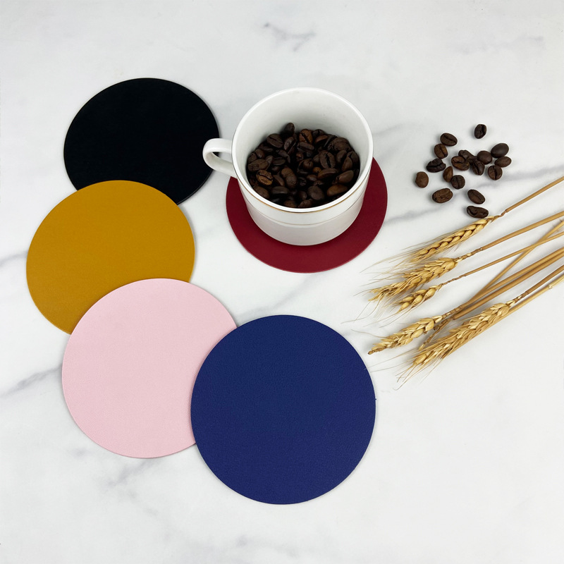 Transfronterizo puede fijar LOGO doble cara espesa pu cojín de cuero aislante de taza de té redondo impermeable antideslizante al por mayor