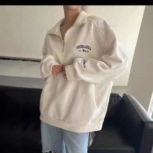 2024 Europe and the United States cross-border Amazon independent station Europe and the United States women's casual half zipper embroidery loose long sleeve sweater