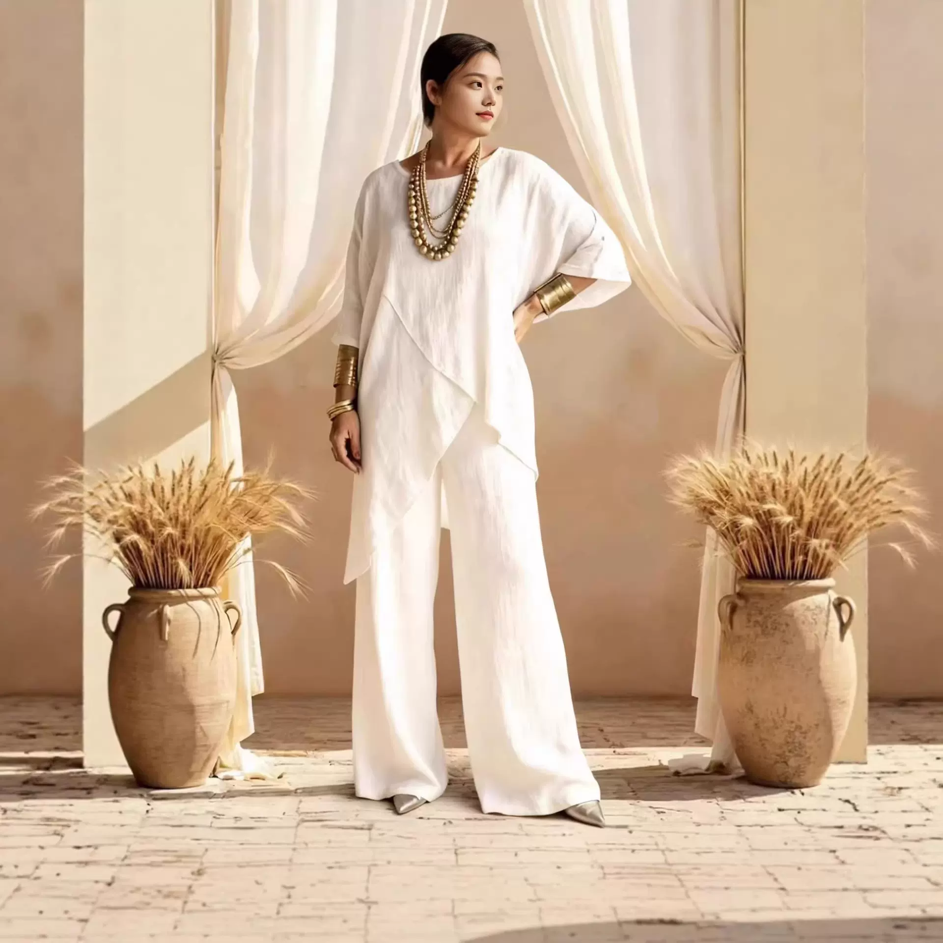 2026新款欧跨境外贸女装两件棉麻袖圆领宽松休闲不规则下摆套装