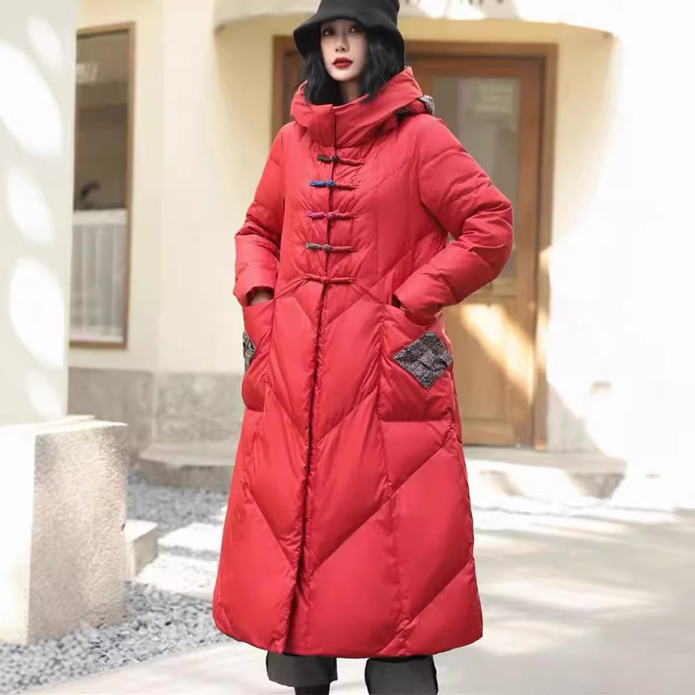 중국 스타일 다운 재킷 여성의 새로운 민족 스타일 수 놓은 흰색 오리 다운 따뜻한 복고풍 버클 중간 길이 겨울 재킷