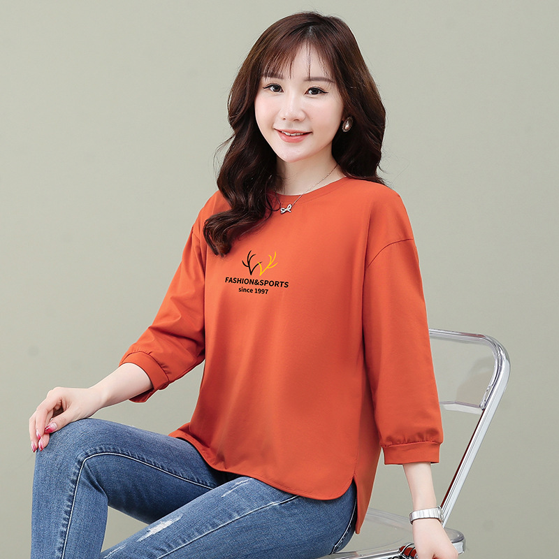 In-Stock Pure Cotton 7/8 Sleeve T-Shirt for Women, Spring/Summer 2024 New Style, Loose Half-Sleeve Printed Round Neck Base Shirt, One-Piece Wholesale