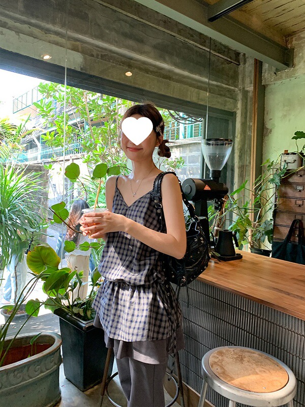 你好卡农 绑带收腰格子长款吊带背心女夏2025新款小个子休闲上衣|undefined