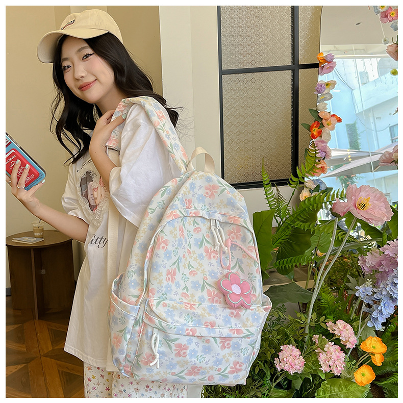 738g Weight Polyester Lining Material Sewing Thread Fashion Element Zipper Closure Type Double Shoulder Straps Strap Type Casual, School, Daily Occasion Nylon Material Waterproof Function Back To School Festival School Backpack Backpack Flower, Strawberry Pattern All Seasons Season Women's Gender Classic Style Style Square Shape Waterproof Flower Strawberry Casual School Daily School Backpack 15