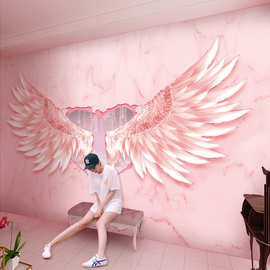 美容美甲店墙纸3d网红粉色翅膀拍照直播背景墙壁纸前台舞蹈室墙布