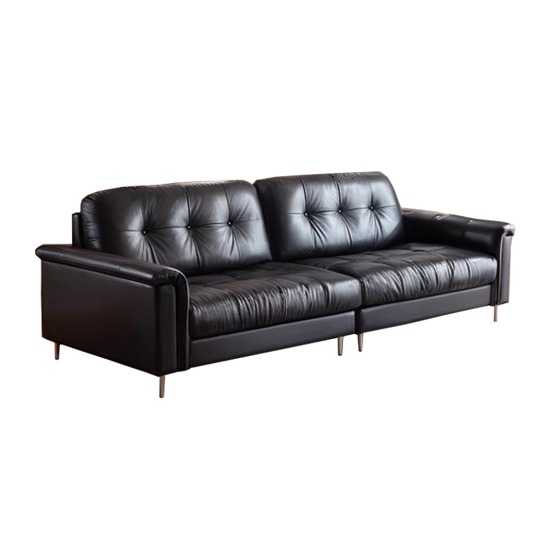 Sofá de cuero negro retro estilo medieval sala de estar pequeño plumón diseñador línea recta de tres sofá nebulosa