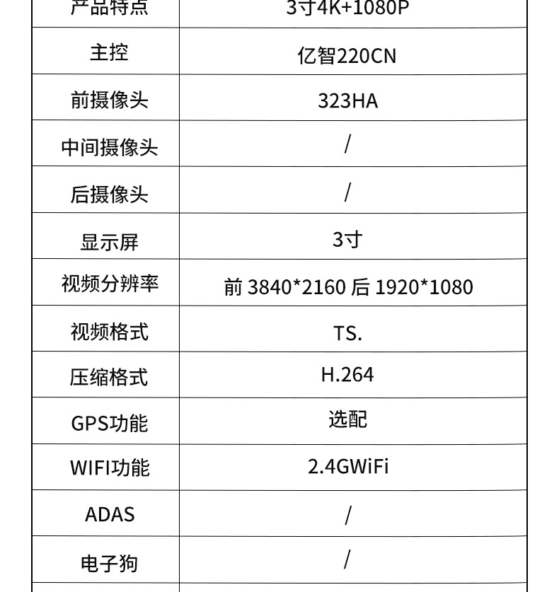 Y HD 4K Dash Cam with front and rear dual recording, mobile app connectivity, 3inch IPS screen, loop recording, car equipment