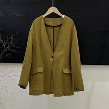 2025秋季新款亚麻裁剪休闲通勤小西装中长款V字领一粒扣气质外套