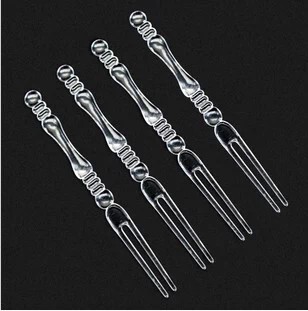 一次性塑料水果叉 创意透明竹节月饼叉透明二齿水果叉酒吧水果叉