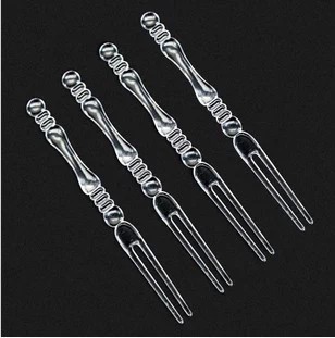 一次性塑料水果叉 创意透明竹节月饼叉透明二齿水果叉酒吧水果叉