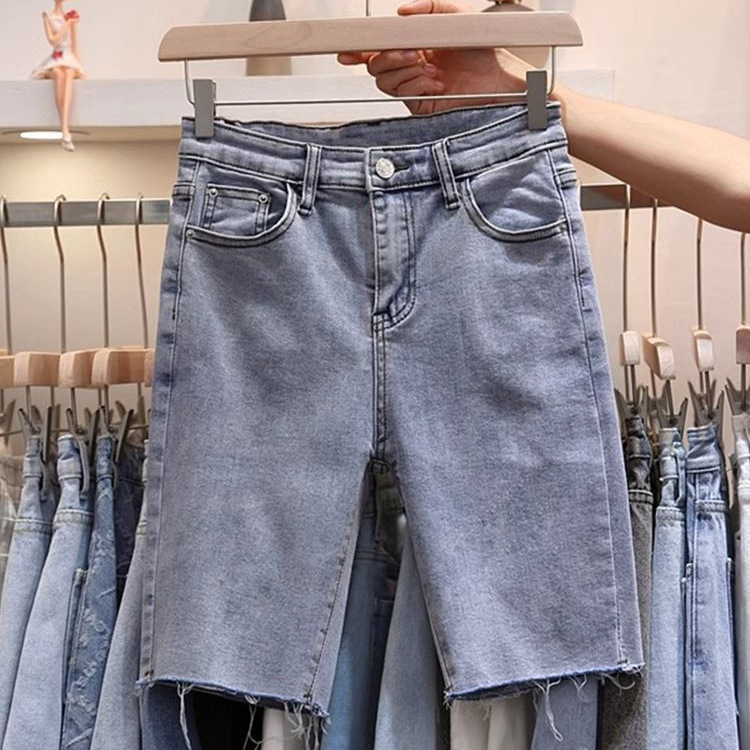 Women's Denim Shorts, Korean Style, Summer Thin High-Waisted Straight Shorts, Elastic Frayed Edge Cycling Shorts