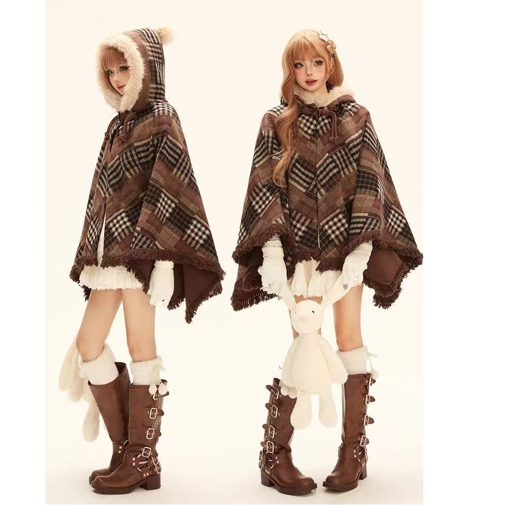 2025 Brown Plaid Cape Coat for Women, Winter Plush Hooded Fringed Top, Luxurious Sleeveless Shawl