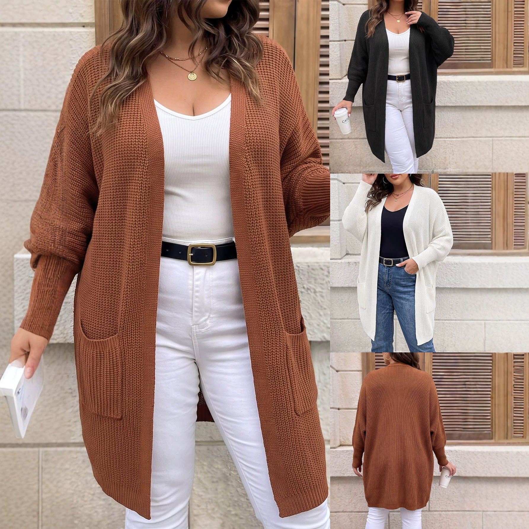 Cross-border European and American women's clothing, solid color bat-sleeve casual pocket loose knit cardigan, women's coat, plus-size sweater