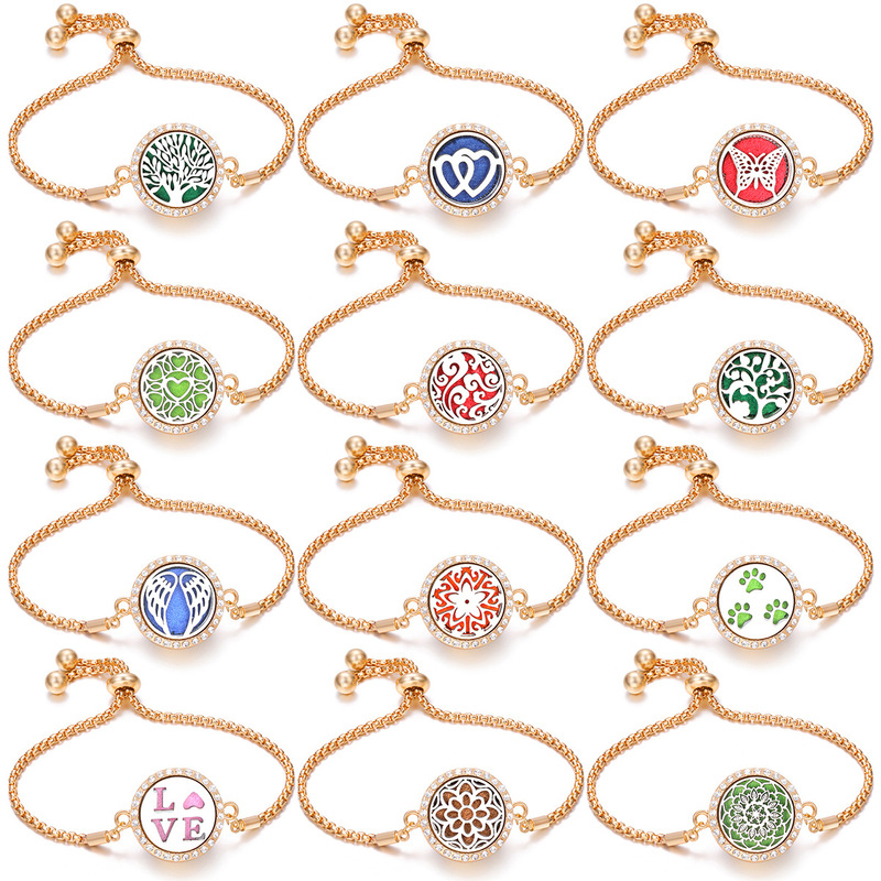 Gold with Diamond Aromatherapy Bracelet for Women Adjustable Stainless Steel Hollow Pattern Essential Oil Perfume Diffuser Bracelet Gold with Diamond Aromatherapy Bracelet for Women Adjustable Stainless Steel Hollow Pattern Essential Oil Perfume Diffuser Bracelet