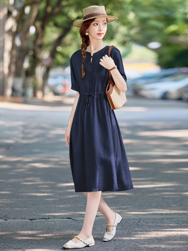 Đầm maxi nữ thắt eo cotton linen 2025 form rộng thanh lịch — màu sắc, Xanh lông mòng đen
