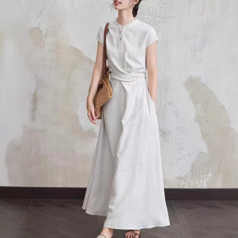 Er Yang Design [Jiu Sheng] Commuting Intellectual Style White Striped Dress Women's Short Sleeve Shirt Dress Long Dress