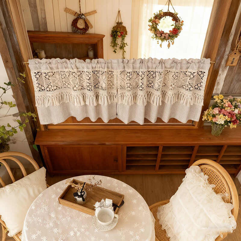 Bohemian Style Hollow-Out Crochet Lace Patchwork Short Curtain, Rod Pocket Design Suitable for Kitchen, Living Room
