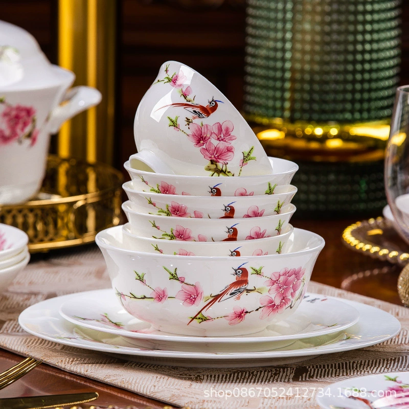 Ceramic tableware set, Chinese style, peach blossom pattern, gift sets 18–60 pcs