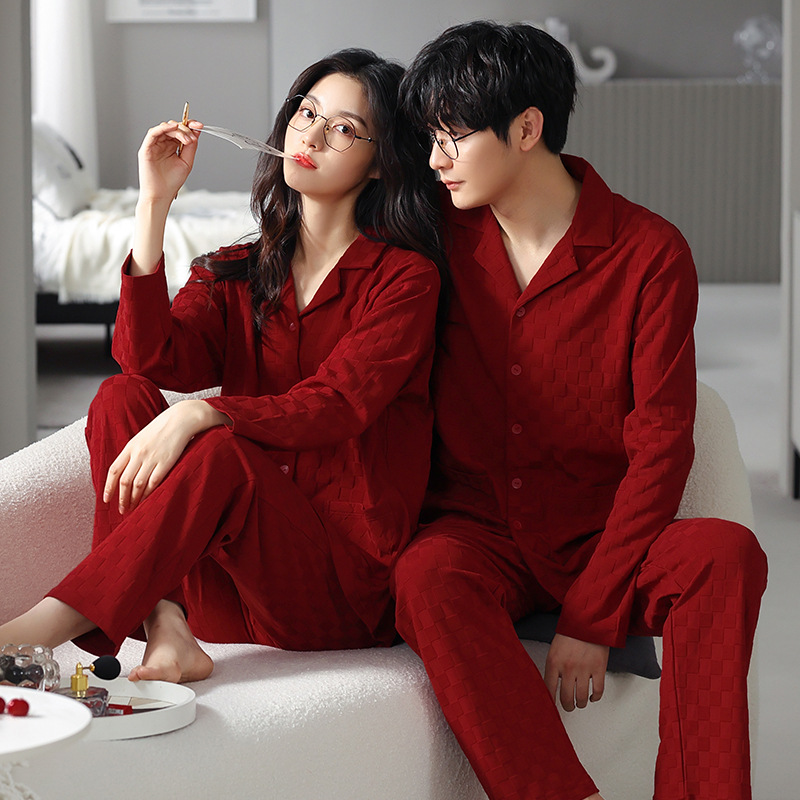 YISHUBEI 빨간 잠옷, 웨딩 커플 가정복, 가디건 긴팔 남성 가을 순면 고급 여성 잠옷