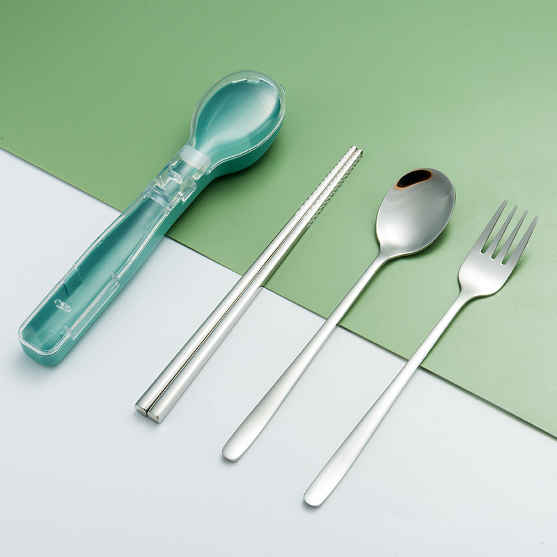 304 vajilla de acero inoxidable conjunto de tres piezas tenedor cuchara palillos estudiante trabajador de oficina de viaje vajilla Flip caja