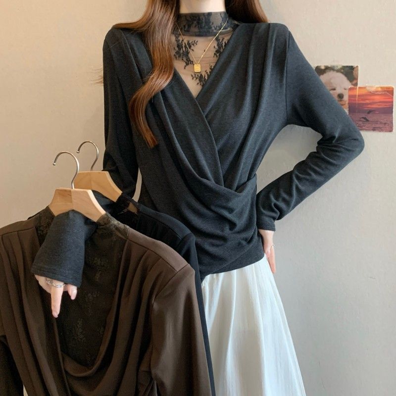 【De Rong 1*1】Irregular Top with Lace Splicing, Large Size for Plus-Size Women, New Autumn and Winter Style, Stand Collar, Long Sleeve T-Shirt 【De Rong 1*1】Irregular Top with Lace Splicing, Large Size for Plus-Size Women, New Autumn and Winter Style, Stand Collar, Long Sleeve T-Shirt