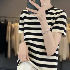 夏季纯棉条纹针织短袖t恤女士宽松圆领正肩新款洋气半袖体恤上衣