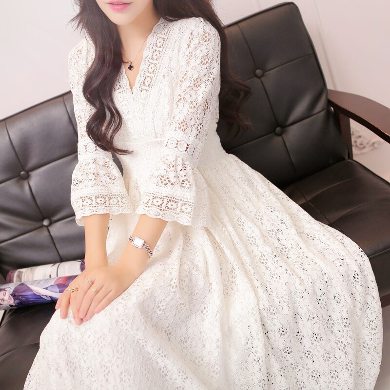 Dress Summer New Style Women's Lace V-Neck Slim Waist Dress Korean Style Dress Vacation Women's Beach Dress