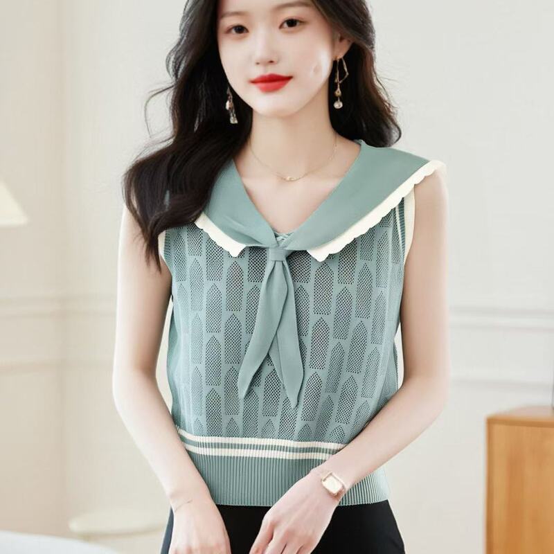 Off-Shoulder Sweater Hot Girl New Sweet Niche Design Slimming Navy Collar Knitted Vest Vest Women's Trend