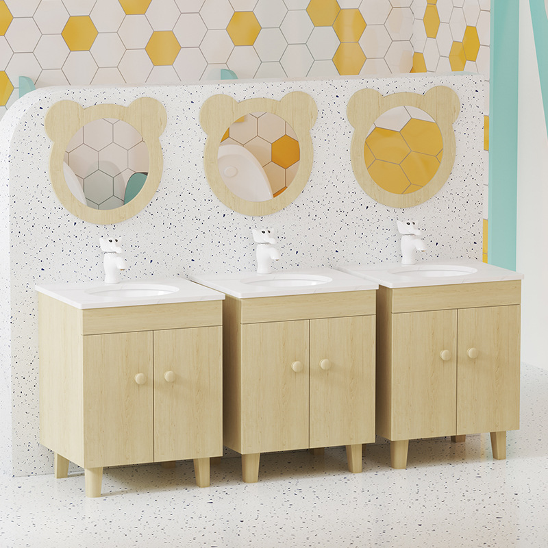 Mueble de baño de madera maciza para niños de guardería, para apartamentos pequeños, con losa de piedra con vetas de madera, mueble lavabo integrado de pie alto y bajo. image 5