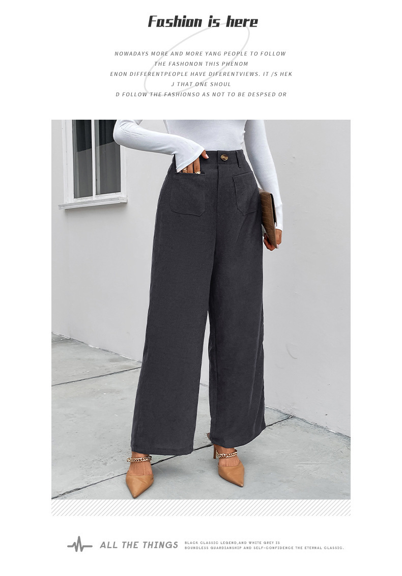 women's autumn and winter loose casual pants commuting high-waisted wide-leg pants corduroy casual button trousers_voghion.com