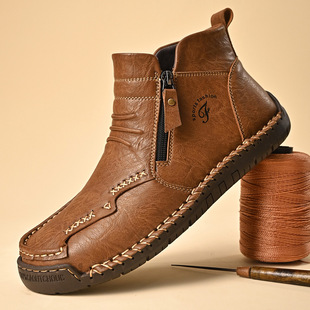 Side Zipper Men's Boots 2024 New Genuine Leather Sports Work Boots Outdoor High-Top Shoes Men's Large Size Leather Shoes