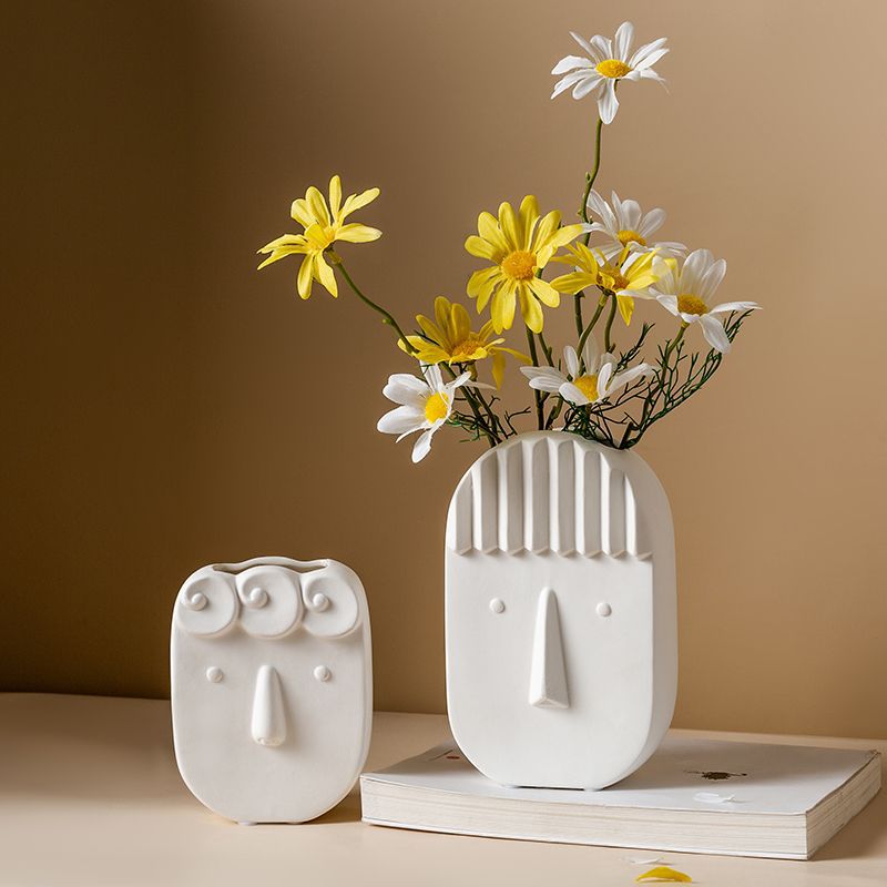 Nordic white ceramic decorative dried flower vase entrance desk study cute face ornaments living room flower arrangement flower holder