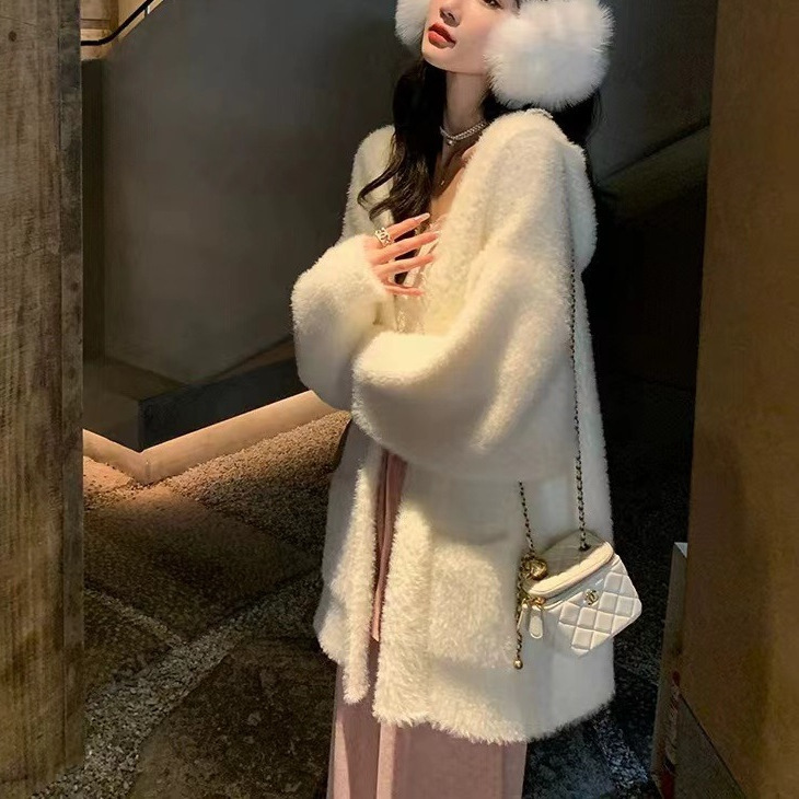 Milk fufu Hooded Imitation Mink Cashmere Sweater Coat Women's Autumn and Winter Mid-length Loose Lazy Style Knitted Cardigan Top Milk fufu Hooded Imitation Mink Cashmere Sweater Coat Women's Autumn and Winter Mid-length Loose Lazy Style Knitted Cardigan Top