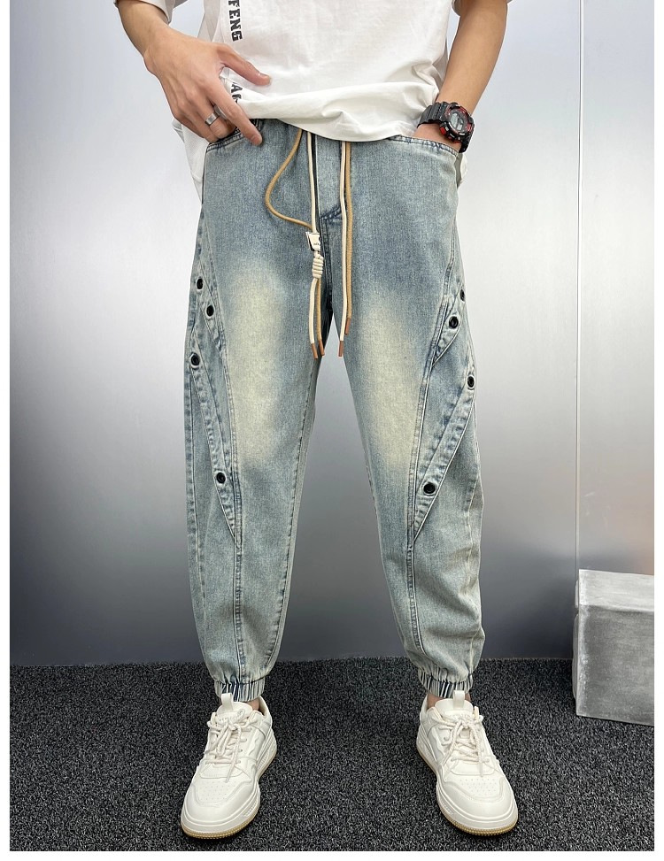 Men's Slim Fit Distressed Denim Jeans With Patchwork And Cuffs_voghion.com