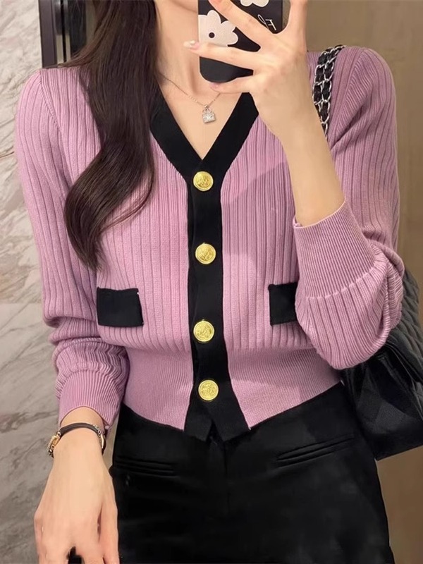 韩范小香风短款V领撞色长袖针织开衫女秋季高级感小个子上衣外套|undefined