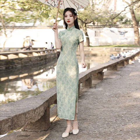 2025 Improved Cheongsam Printed New Women's Summer Green Young Girls Dress Hip Skirt Long Retro