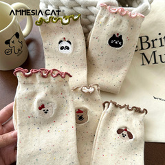 秋季新款襪子韓版卡通刺繡小熊女中筒襪運動休閒點子紗堆堆女襪