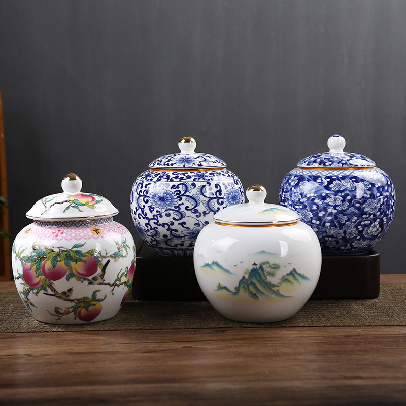 Blue and White Porcelain Tea Can with Ceramic Seal, Moisture-Proof Storage Can, Chinese Style Household Black Tea and White Tea Loose Leaf Tea Can for Wholesale