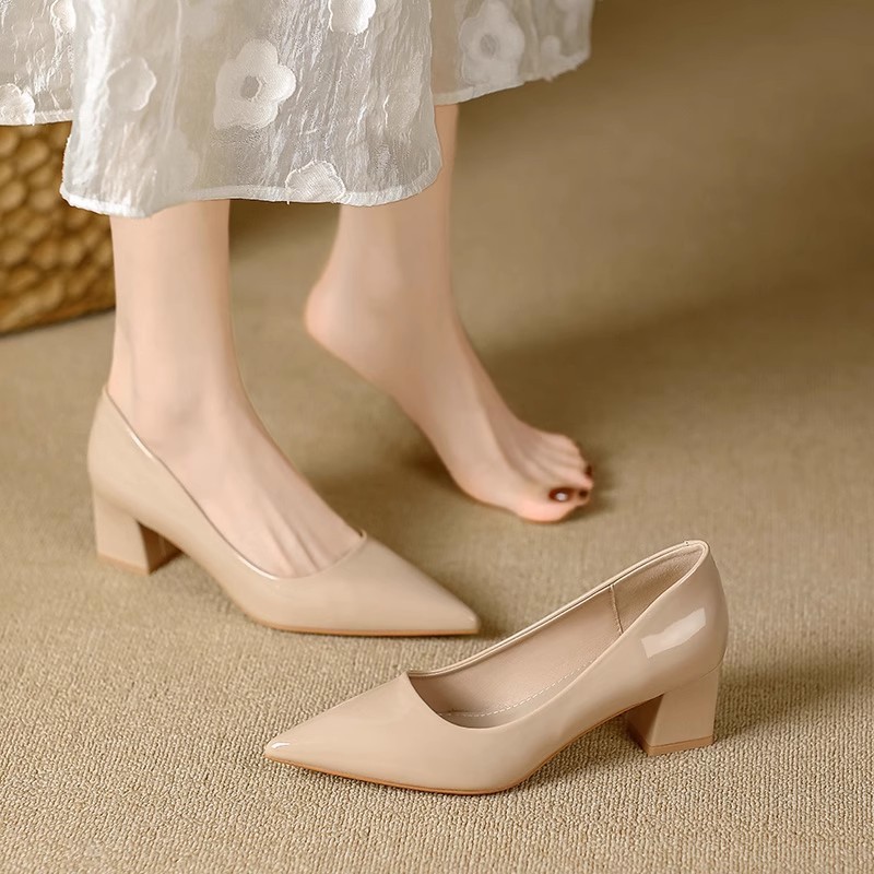 2025 Fall New Patent Leather Pointed Toe Shallow Thick Heel Pumps French Fashion Elegant Women's High Heels_vogvips.com