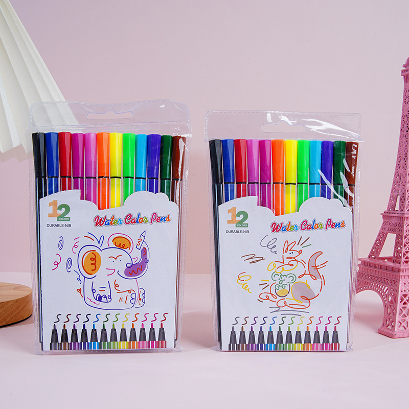 Fábrica en stock embolsado de los niños arte graffiti color pluma suministros dibujo papelería regalo 12 color acuarela pluma