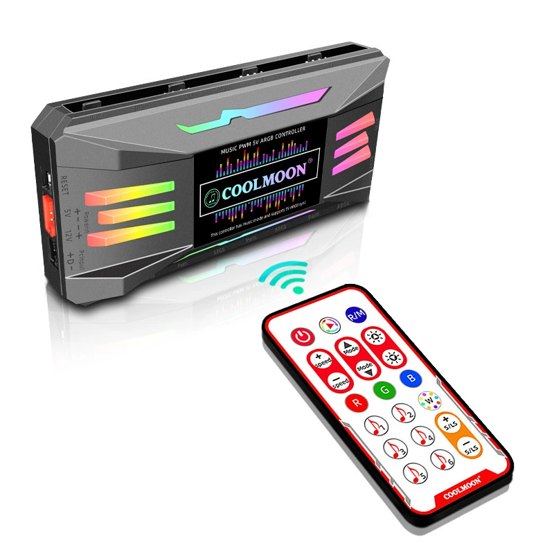 PWM Temperature Control Hub (CoolMoon) — Music Rhythm, 5V ARGB Sync, Remote, 10-Port