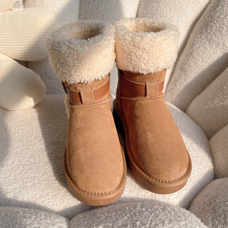 Winter New Thick Soled Height Increasing Knight Boots With Belt Buckle, Rolled Wool And Fur Integrated Snow Boots With Plush And Thickened Midsole_voghion.com