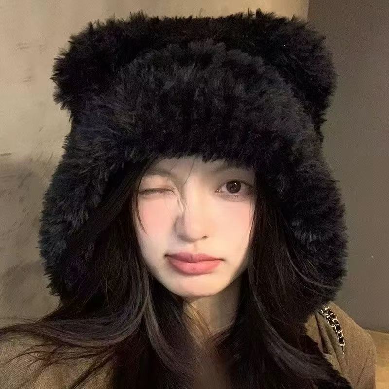 网红同款冬季帽子女时尚可爱小狗护耳帽女加厚保暖骑行卡通毛绒帽|undefined
