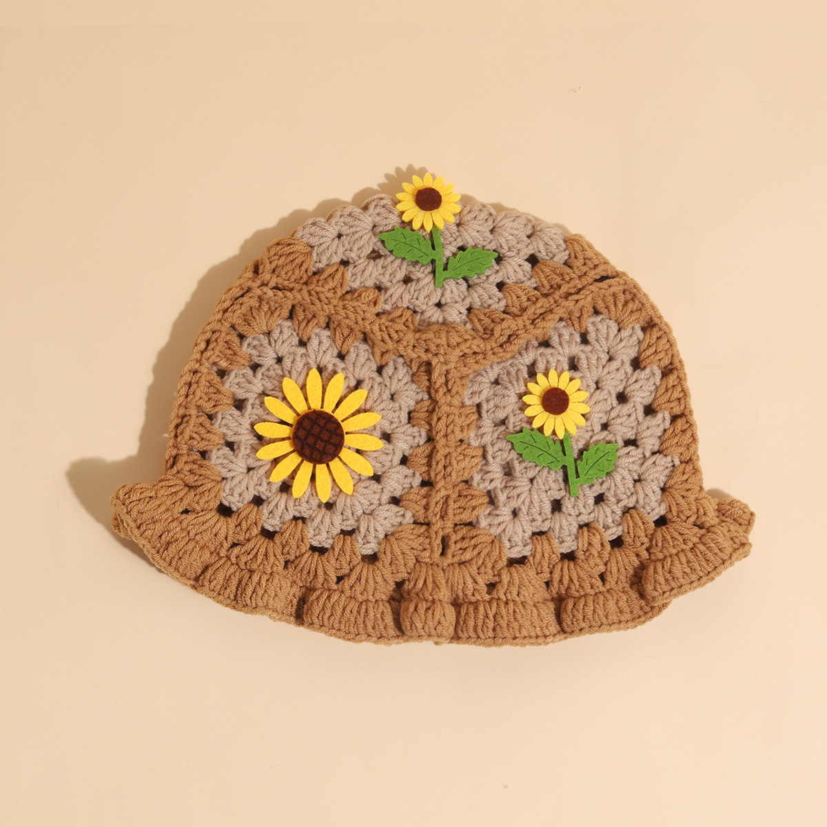 Cappello da pescatore con girasole tessuto a mano, autunno e inverno, carino cappello infantile con bordo a fungo, in lana all'uncinetto_voghion.com