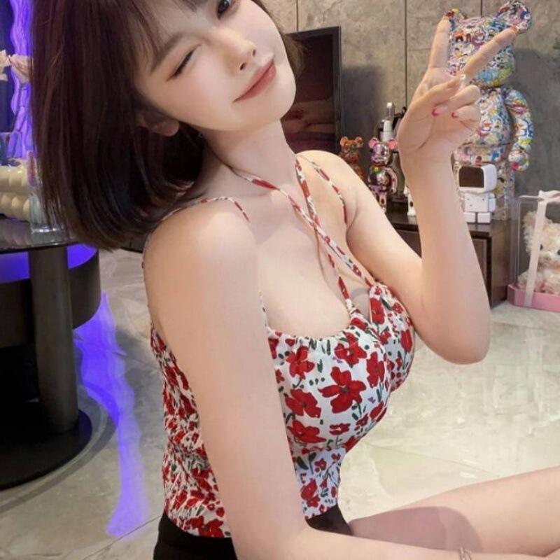 Plus size 200kg sexy floral halter camisole women's summer chubby girl slim slimming backless top