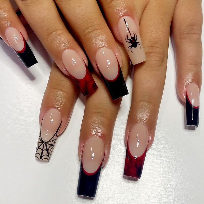 Wear Armor Halloween Long Water Pipe Black French Spider Web Plus Rectangular Nail Art Nail Patch Wear Armor Halloween Long Water Pipe Black French Spider Web Plus Rectangular Nail Art Nail Patch