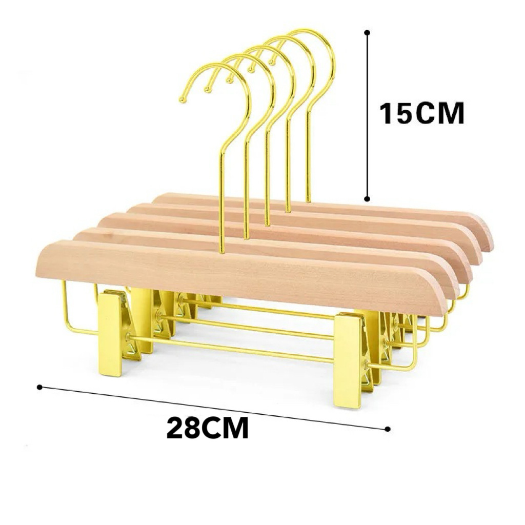 金色の無垢材衣料品店用ハンガー、植毛・紐付き滑り止めハンガー、ロゴ刻印可能、天然木ハンガー、スーツ用