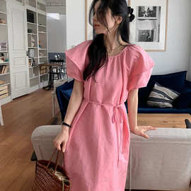 现货2024年夏季新款韩国东大门小众时髦洋气设计感纯色亚麻连衣裙